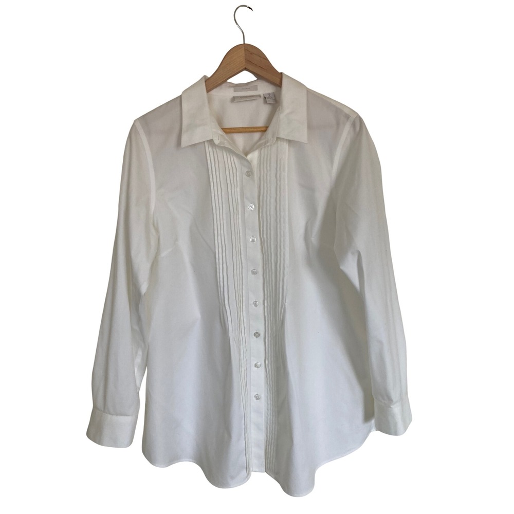 Chicos No-Iron White Pleated Bib Long Sleeve Button Down Blouse Size 2 L